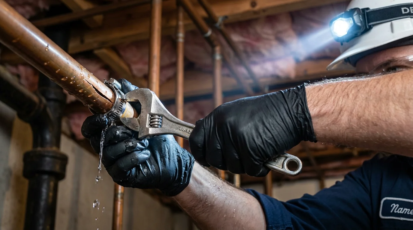 Emergency pipe clamp repair being performed by a Johns Plumbing LLC plumber in Rydal