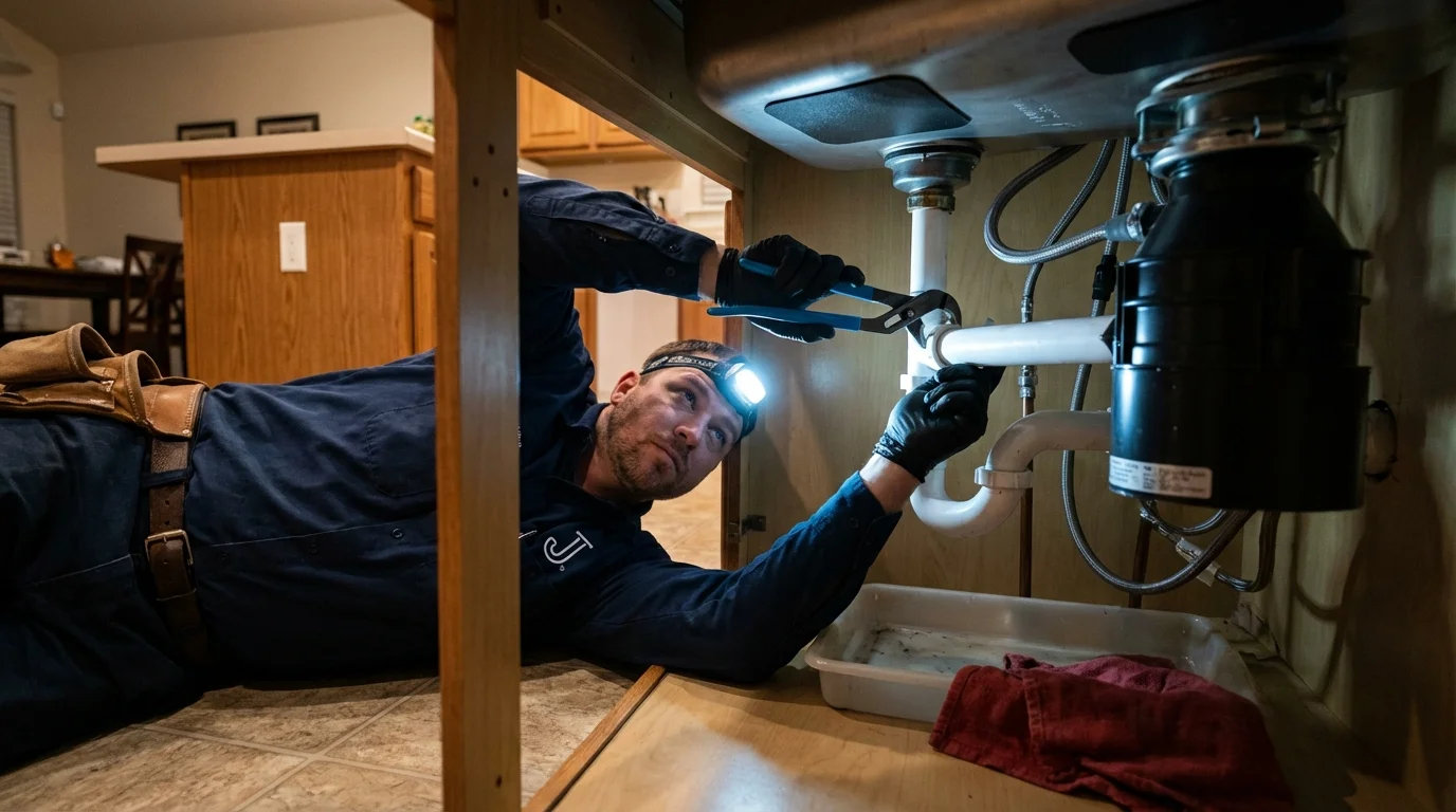 P-trap and supply line connections under a kitchen sink showing a common leak point in Rydal, GA